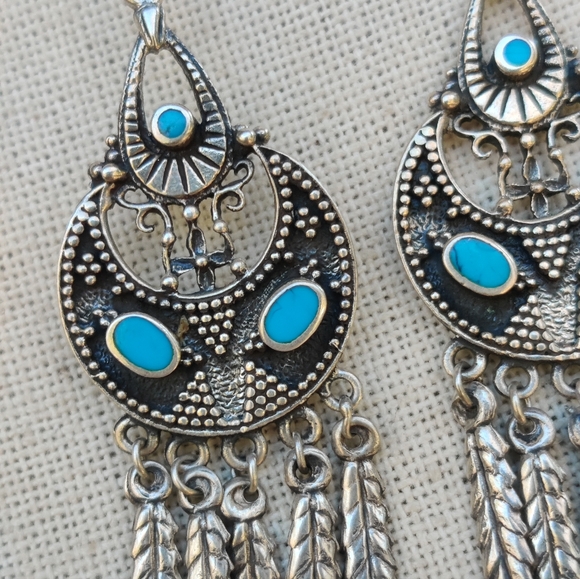 Vintage Sterling Zuni Native American  Turquoise Feather Earrings - Picture 7 of 7